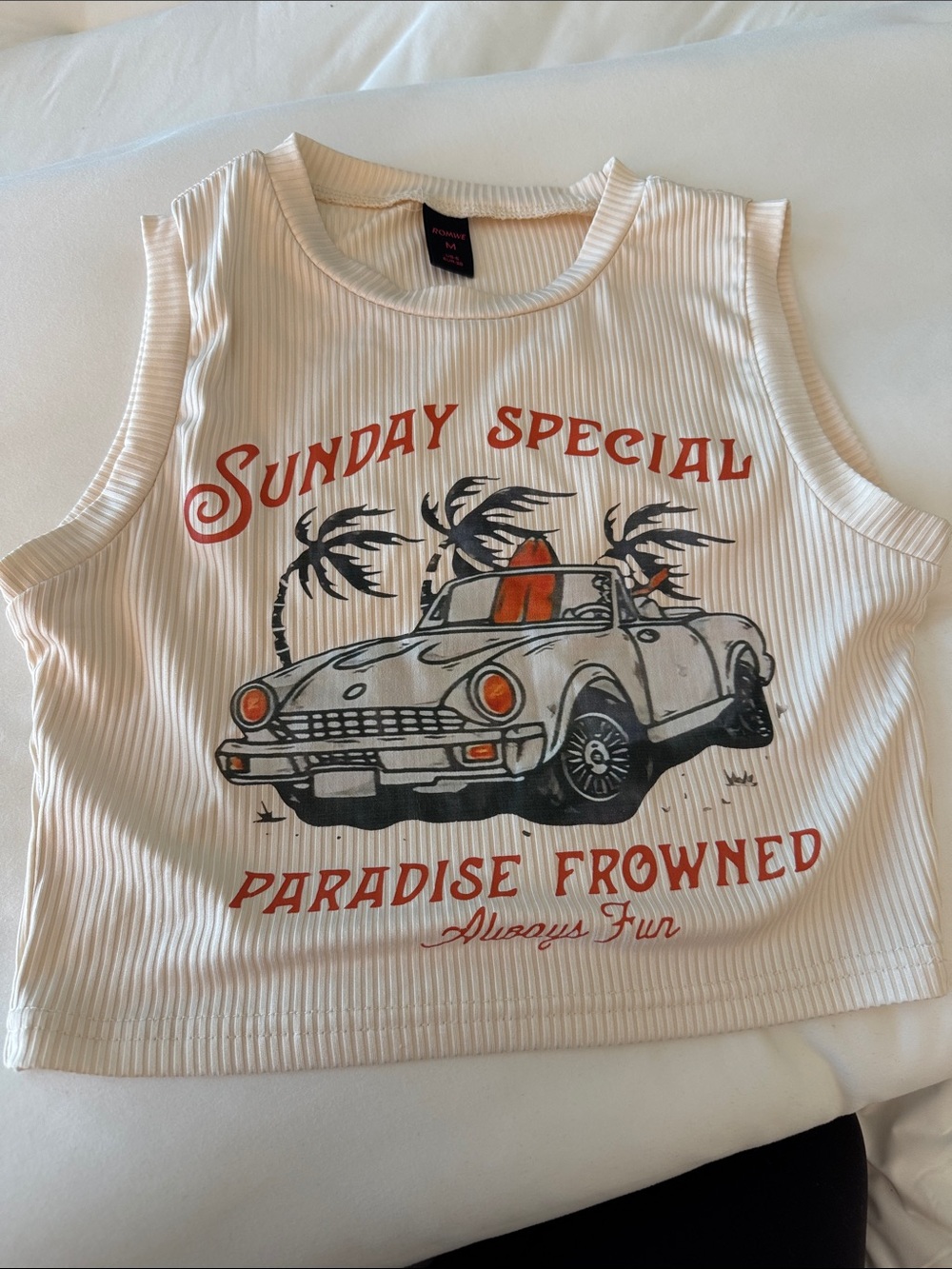 Sunday Special Cream Ribbed Tank Top with Vintage Car Graphic